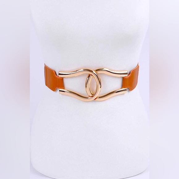 Gold Buckle Elastic Stretch Statement Waist Belt - Picture 4 of 8